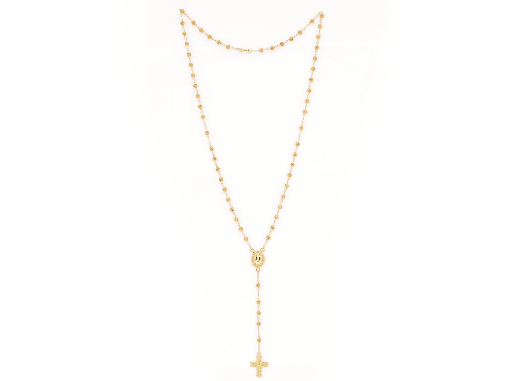 Colar Terço Filigrana Contas Rendilhadas, Filigrana Portuguesa, Prata de Lei 925 Dourada - Vista de Frente, Completa