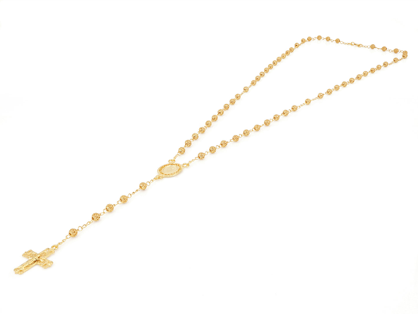 Colar Terço Filigrana Contas Rendilhadas, Filigrana Portuguesa, Prata de Lei 925 Dourada - Perspectiva, Vista Completa