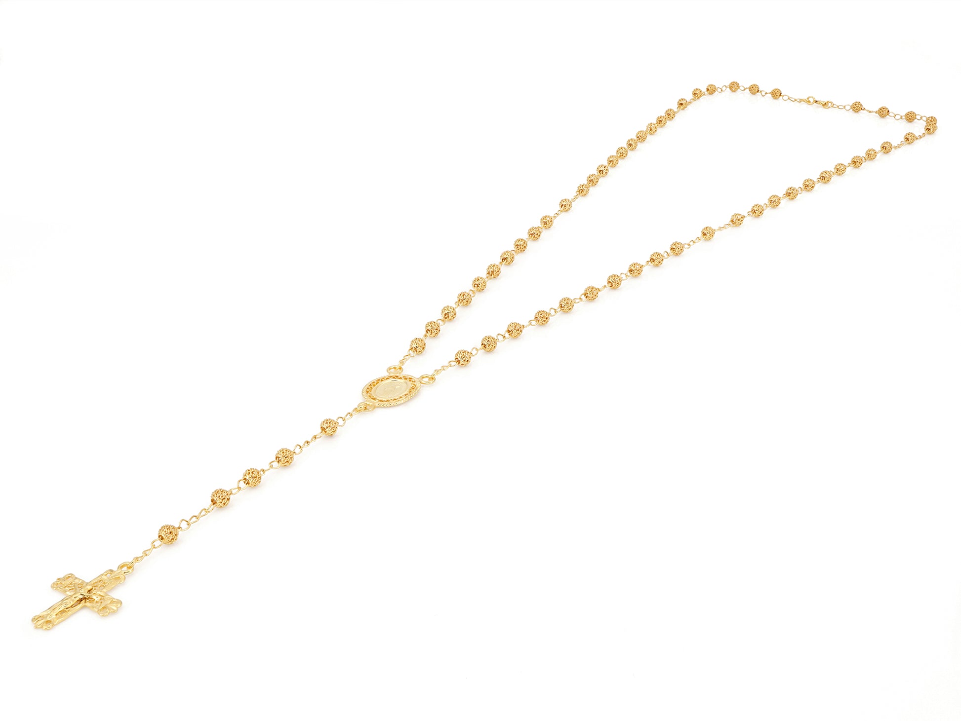 Colar Terço Filigrana Contas Rendilhadas, Filigrana Portuguesa, Prata de Lei 925 Dourada - Perspectiva, Vista Completa