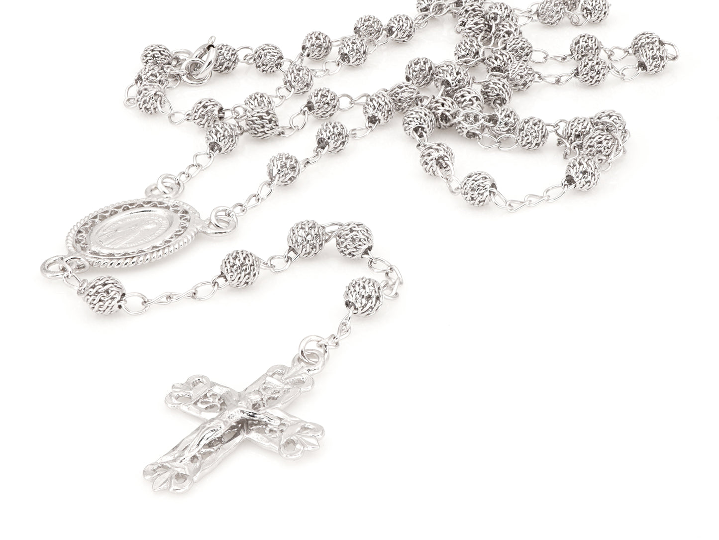 Colar Terço Filigrana Contas Rendilhadas, Filigrana Portuguesa, Prata de Lei 925