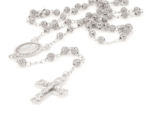 Colar Terço Filigrana Contas Rendilhadas, Filigrana Portuguesa, Prata de Lei 925