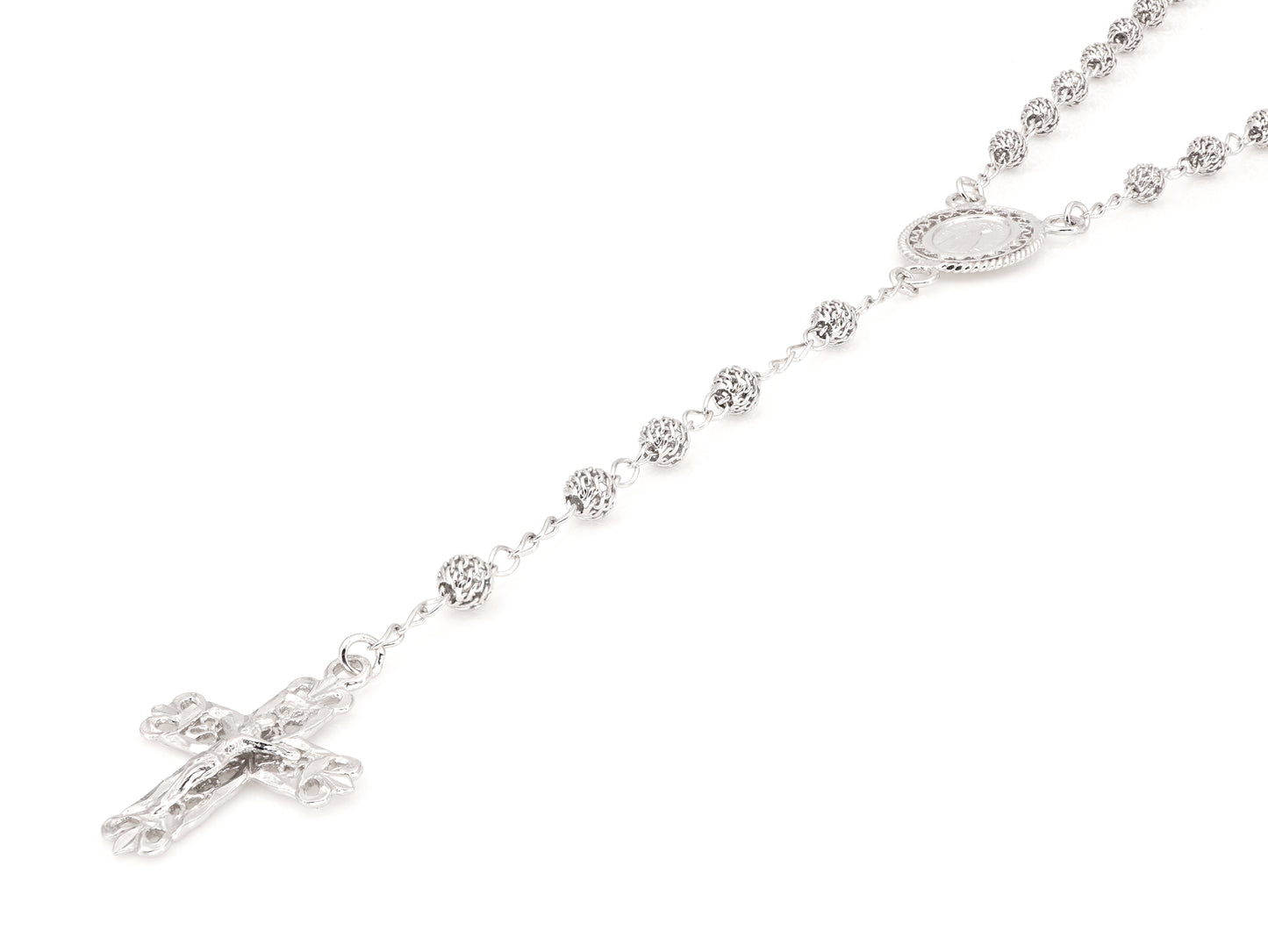 Colar Terço Filigrana Contas Rendilhadas, Filigrana Portuguesa, Prata de Lei 925 - Perspectiva, Cruz e Medalha