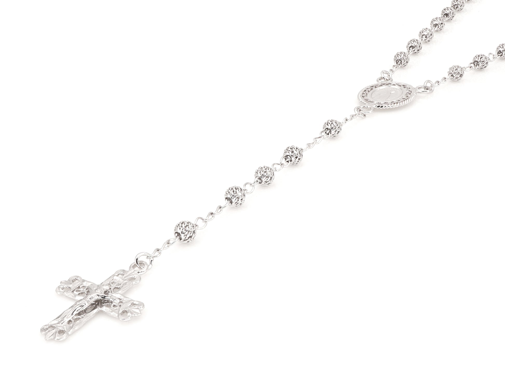Colar Terço Filigrana Contas Rendilhadas, Filigrana Portuguesa, Prata de Lei 925 - Perspectiva, Cruz e Medalha