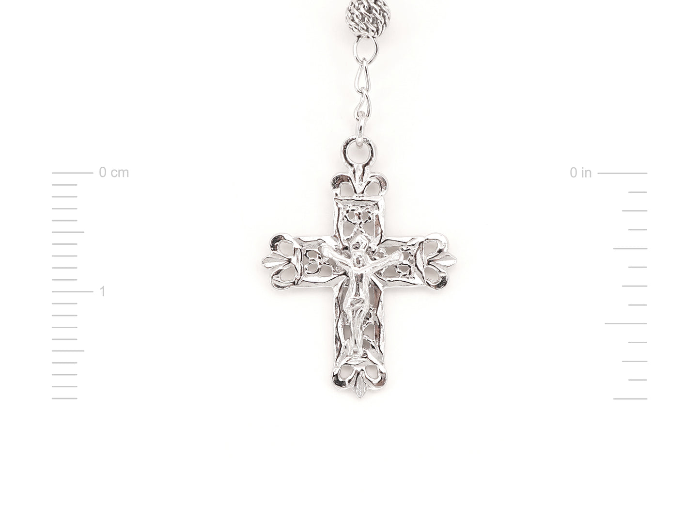 Colar Terço Filigrana Contas Rendilhadas, Filigrana Portuguesa, Prata de Lei 925 - Medidas Cruz, Vista de Frente