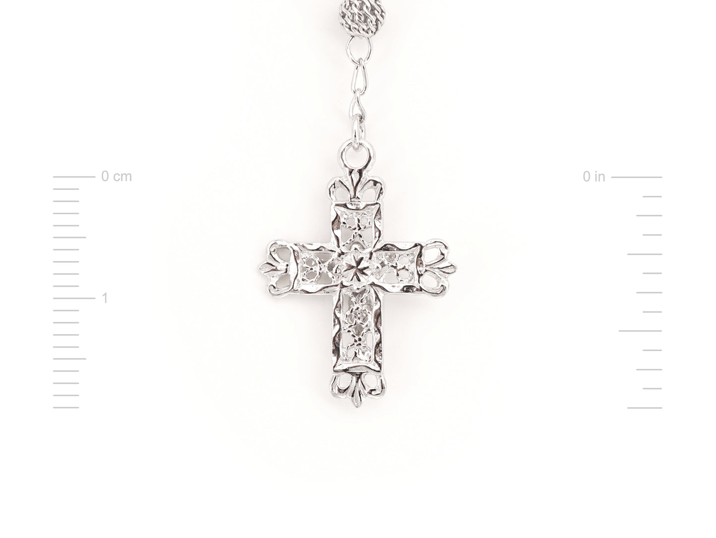 Colar Terço Filigrana Contas Rendilhadas, Filigrana Portuguesa, Prata de Lei 925 - Medidas Cruz, Vista de Trás