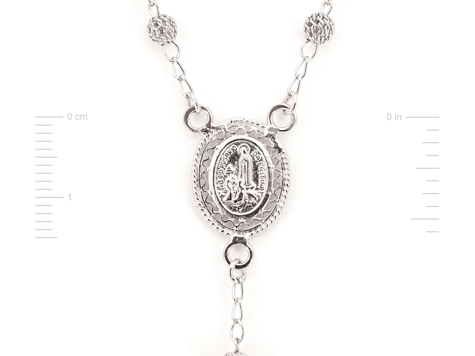 Colar Terço Filigrana Contas Rendilhadas, Filigrana Portuguesa, Prata de Lei 925 - Medidas Medalha, Vista de Trás