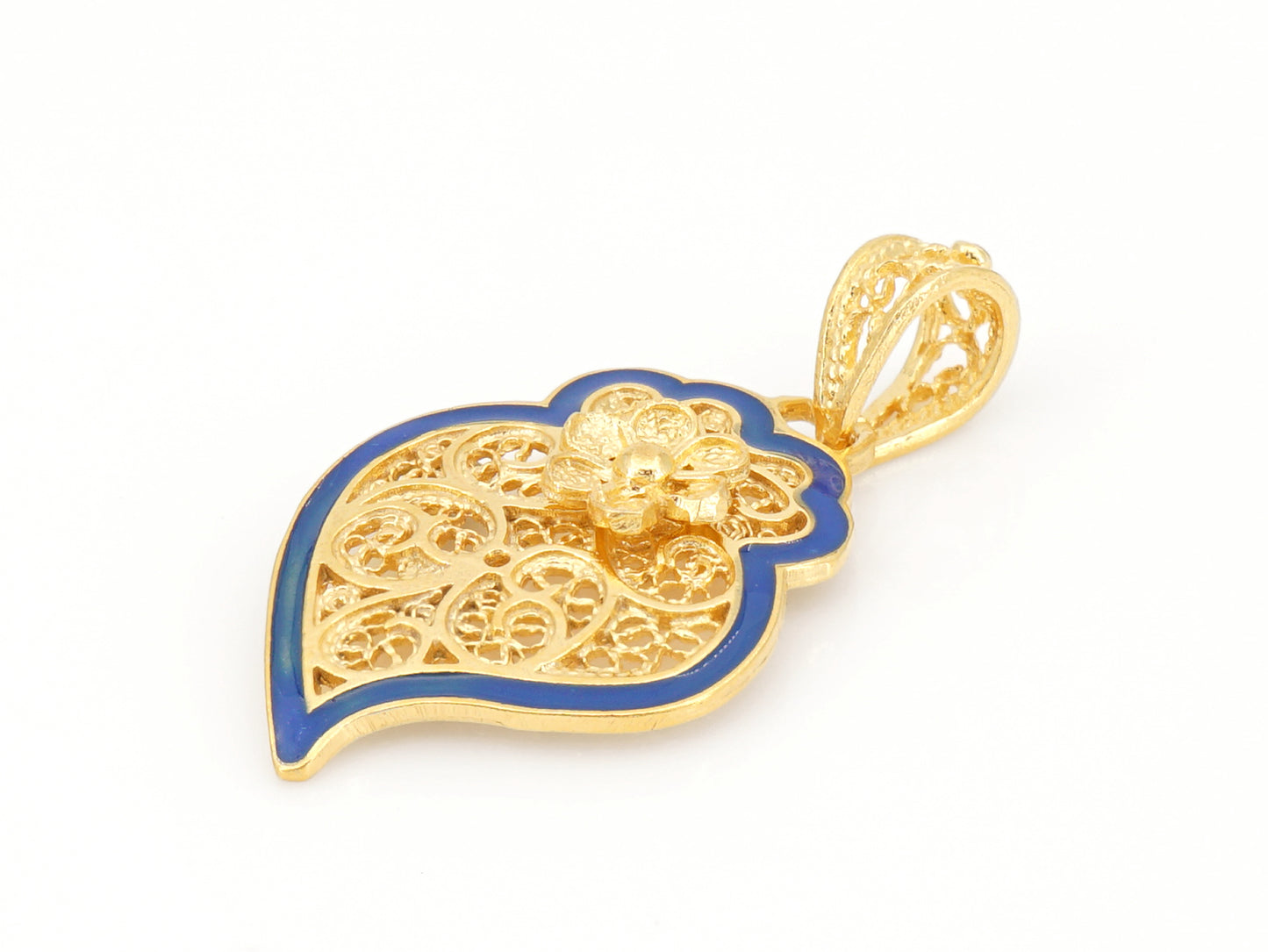 Medalha Coração de Viana com Rebordo Azul, Filigrana Portuguesa, Prata de Lei 925 Dourada - Perspectiva