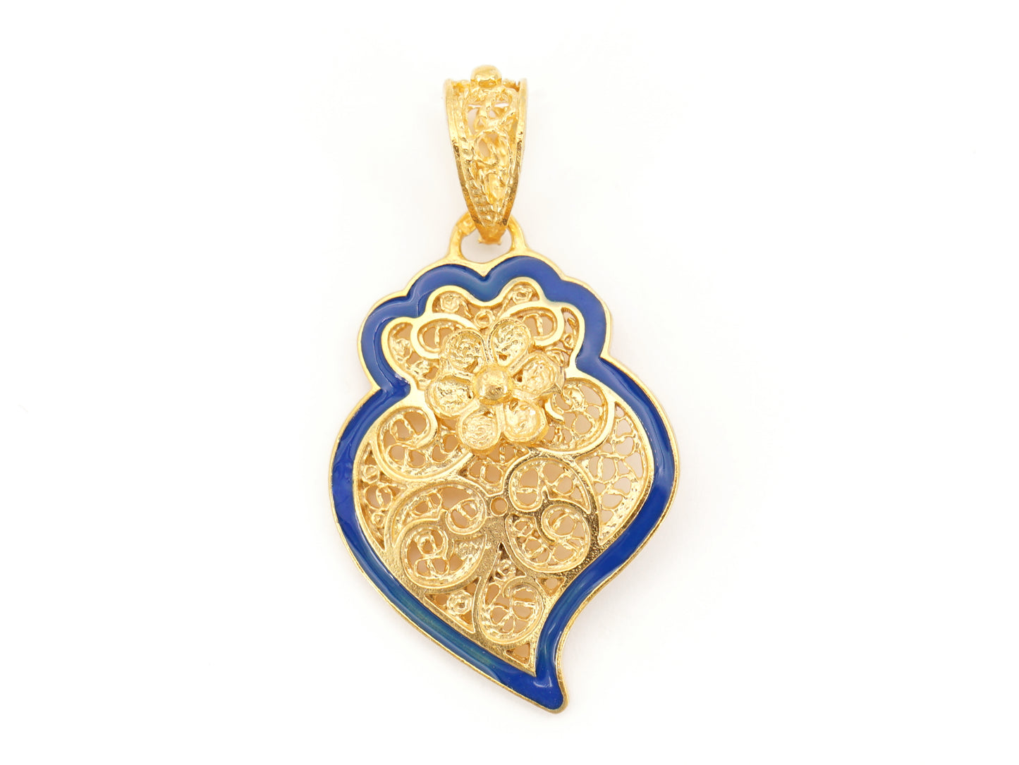 Medalha Coração de Viana com Rebordo Azul, Filigrana Portuguesa, Prata de Lei 925 Dourada - Vista de Frente
