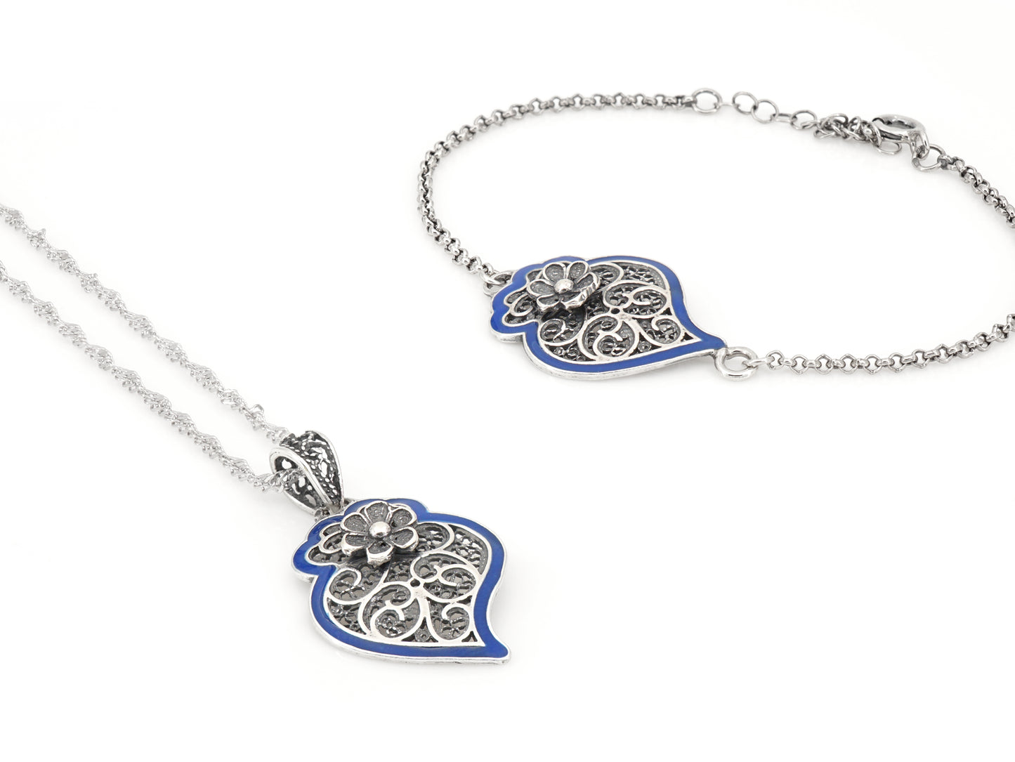 Conjunto Colar e Pulseira Coração de Viana com Rebordo Azul, Filigrana Portuguesa, Prata de Lei 925