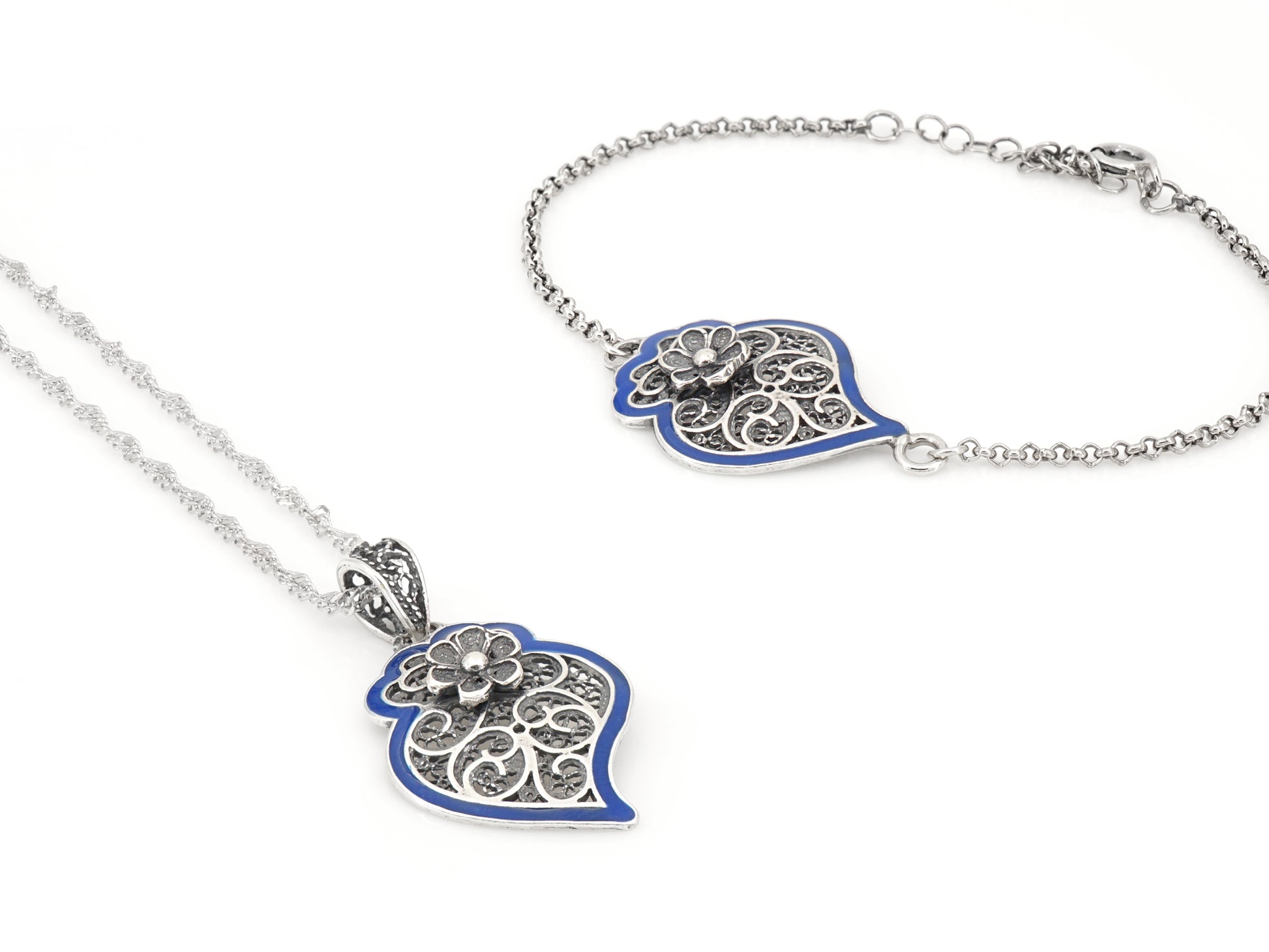 Conjunto Colar e Pulseira Coração de Viana com Rebordo Azul, Filigrana Portuguesa, Prata de Lei 925