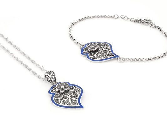 Conjunto Colar e Pulseira Coração de Viana com Rebordo Azul, Filigrana Portuguesa, Prata de Lei 925