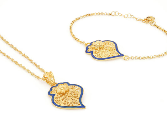 Conjunto Colar e Pulseira Coração de Viana com Rebordo Azul, Filigrana Portuguesa, Prata de Lei 925 Dourada