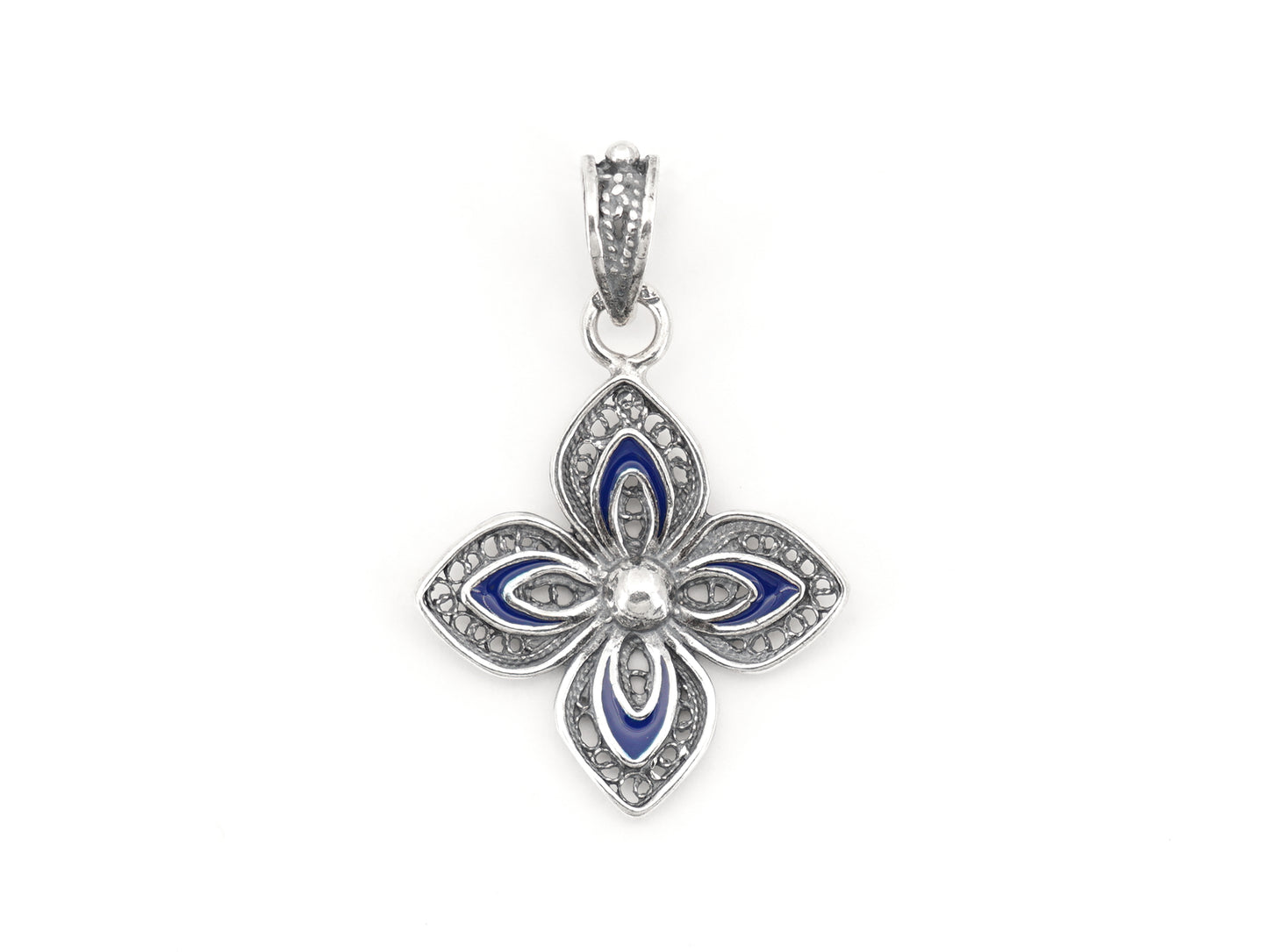 Medalha Flor Clássica com Esmalte, Filigrana Portuguesa, Prata de Lei 925 - Vista de Frente