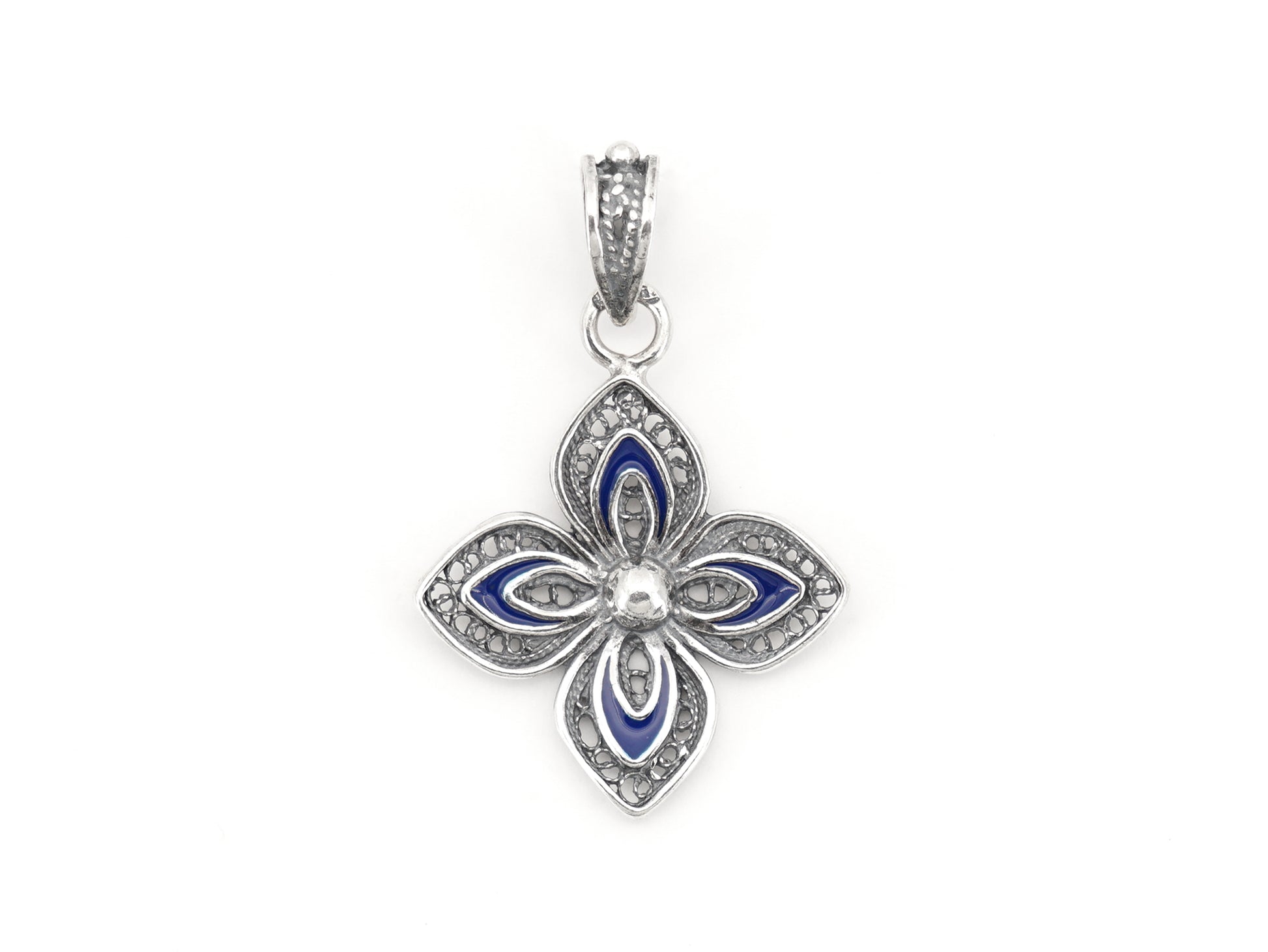 Medalha Flor Clássica com Esmalte, Filigrana Portuguesa, Prata de Lei 925 - Vista de Frente