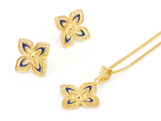 Conjunto Colar e Brincos Flores Clássicas com Esmalte, Filigrana Portuguesa, Prata de Lei 925 Dourada