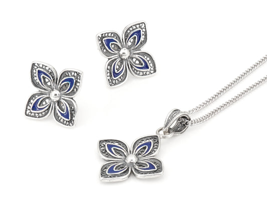 Conjunto Colar e Brincos Flores Clássicas com Esmalte, Filigrana Portuguesa, Prata de Lei 925