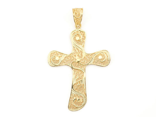 Medalha Cruz Extra Grande, Filigrana Portuguesa, Prata de Lei 925 Dourada - Vista de Frente