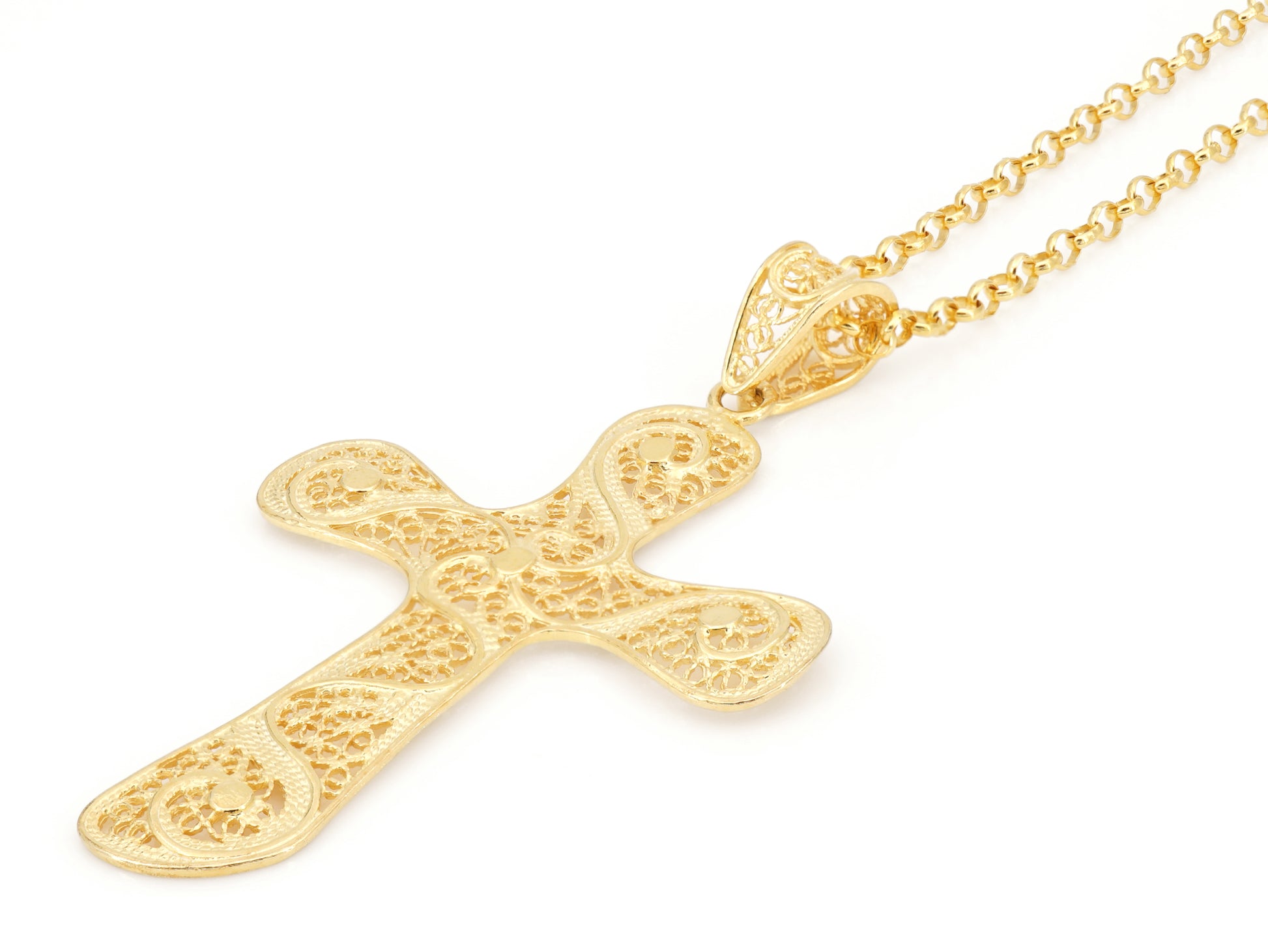 Colar Cruz Extra Grande, Filigrana Portuguesa, Prata de Lei 925 Dourada