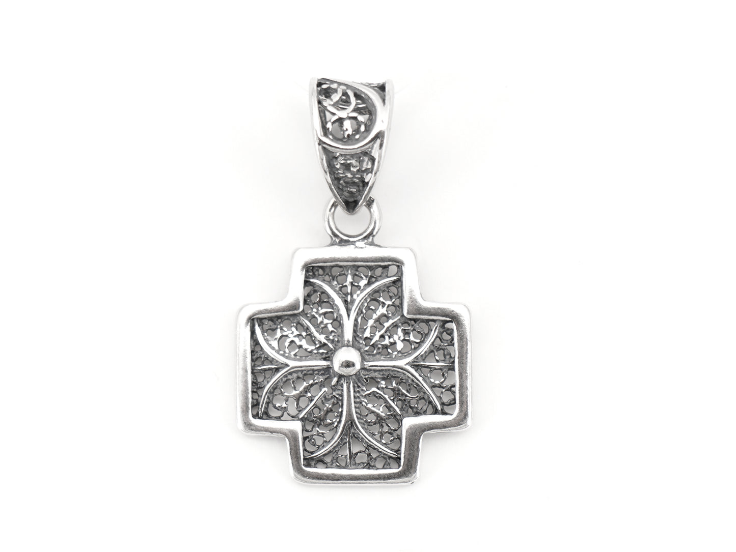 Medalha Cruz Pequena Quadrada, Filigrana Portuguesa, Prata de Lei 925 - Vista de Frente