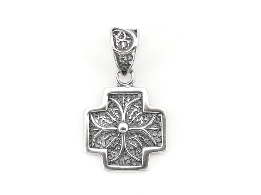 Medalha Cruz Pequena Quadrada, Filigrana Portuguesa, Prata de Lei 925 - Vista de Frente