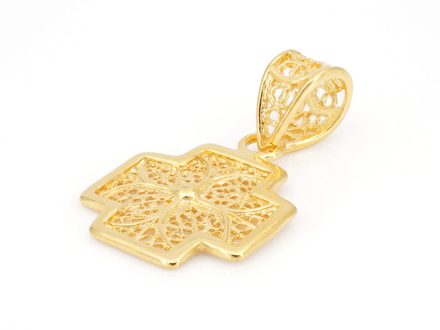 Medalha Cruz Pequena Quadrada, Filigrana Portuguesa, Prata de Lei 925 Dourada - Perspectiva