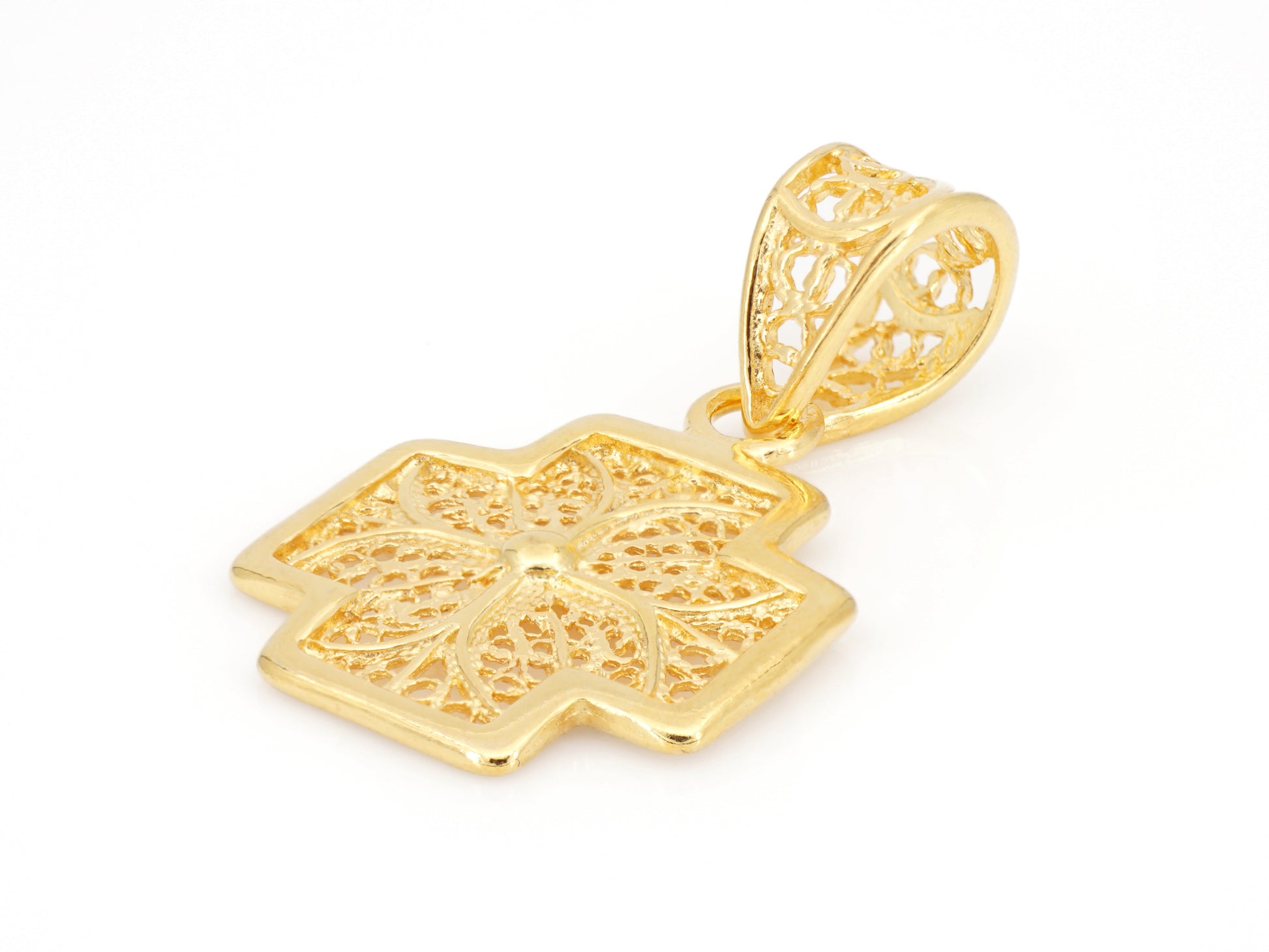 Medalha Cruz Pequena Quadrada, Filigrana Portuguesa, Prata de Lei 925 Dourada - Perspectiva