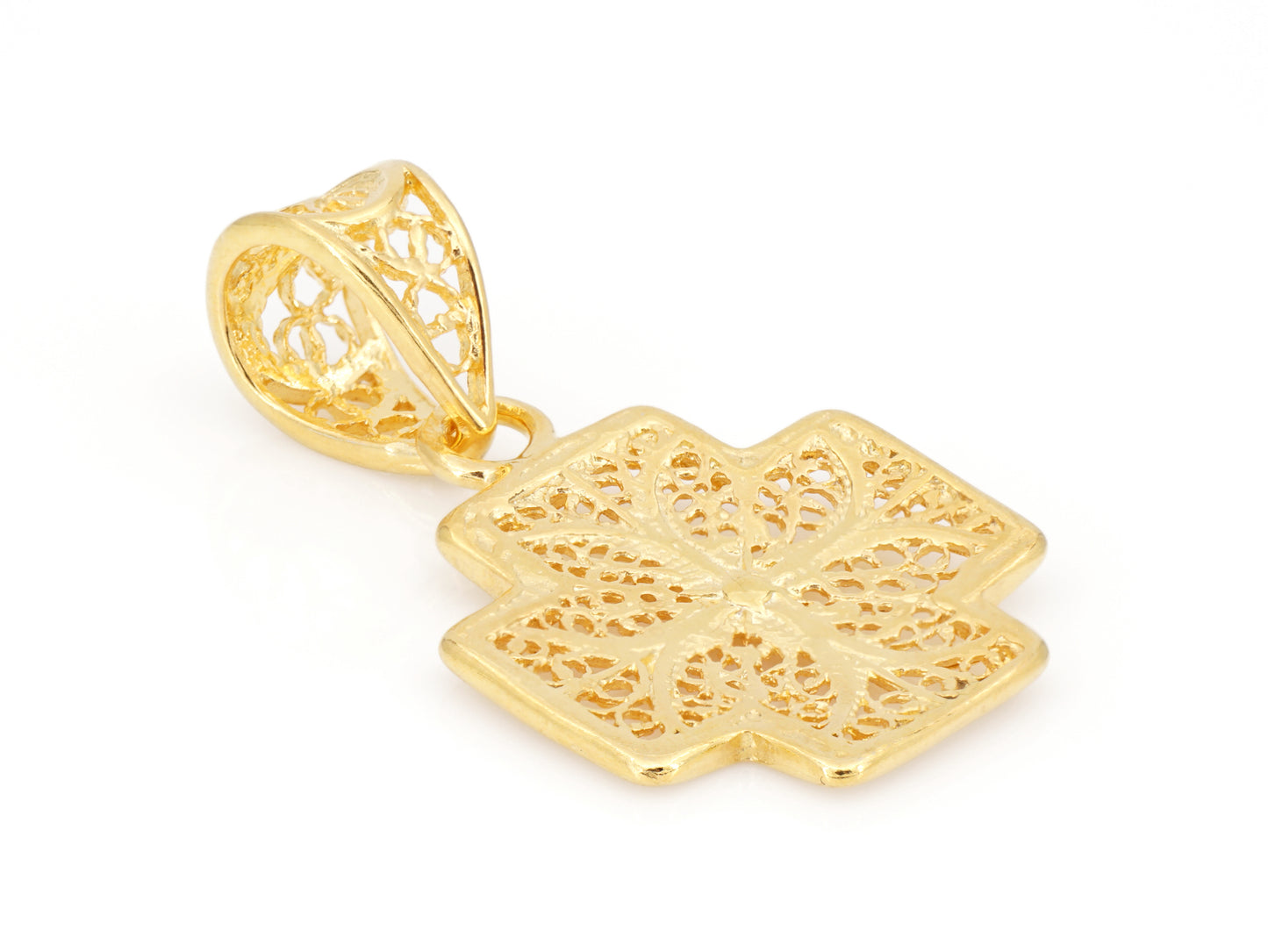 Medalha Cruz Pequena Quadrada, Filigrana Portuguesa, Prata de Lei 925 Dourada - Vista de Trás