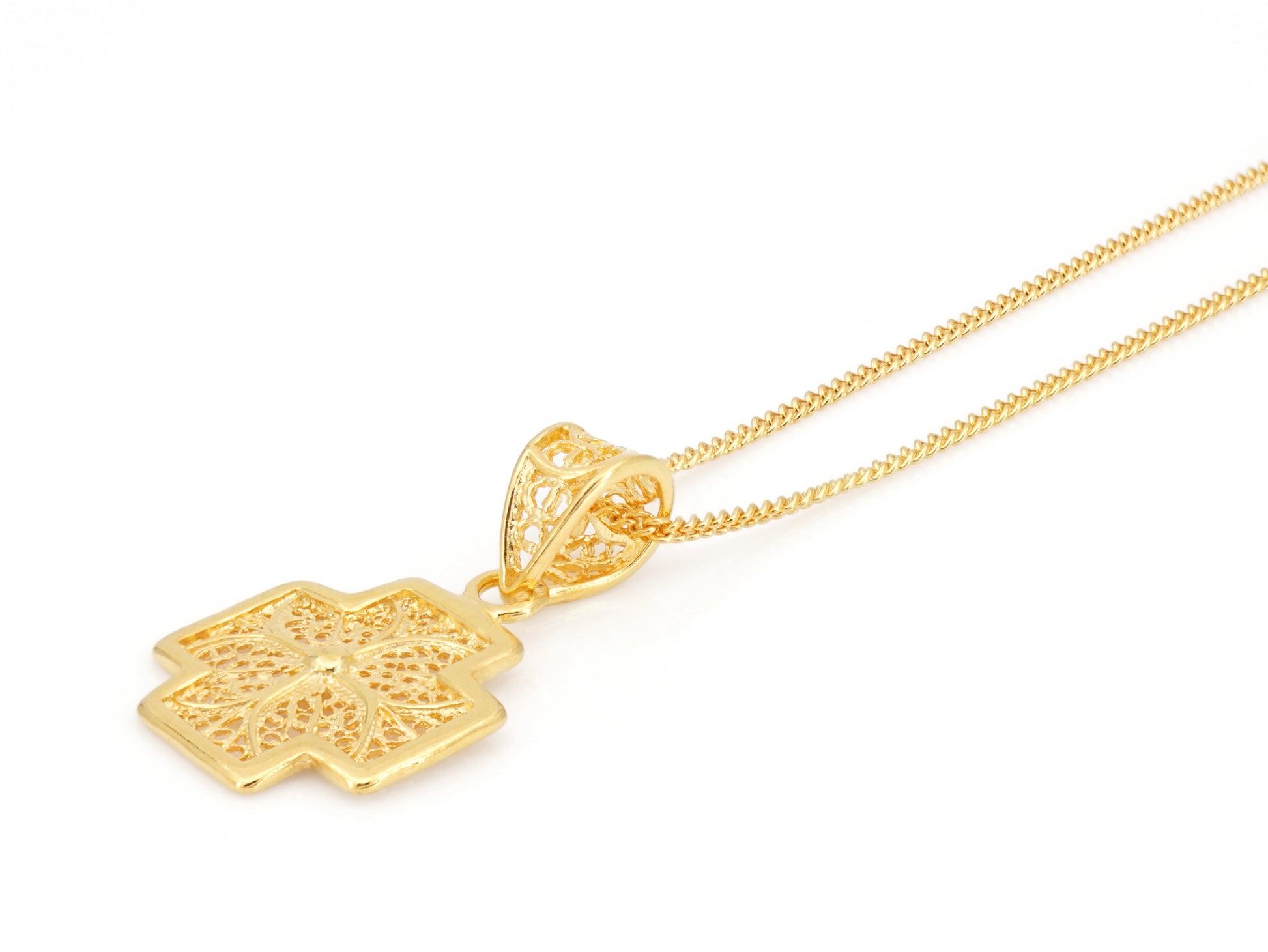 Colar Cruz Pequena Quadrada, Filigrana Portuguesa, Prata de Lei 925 Dourada - Perspectiva