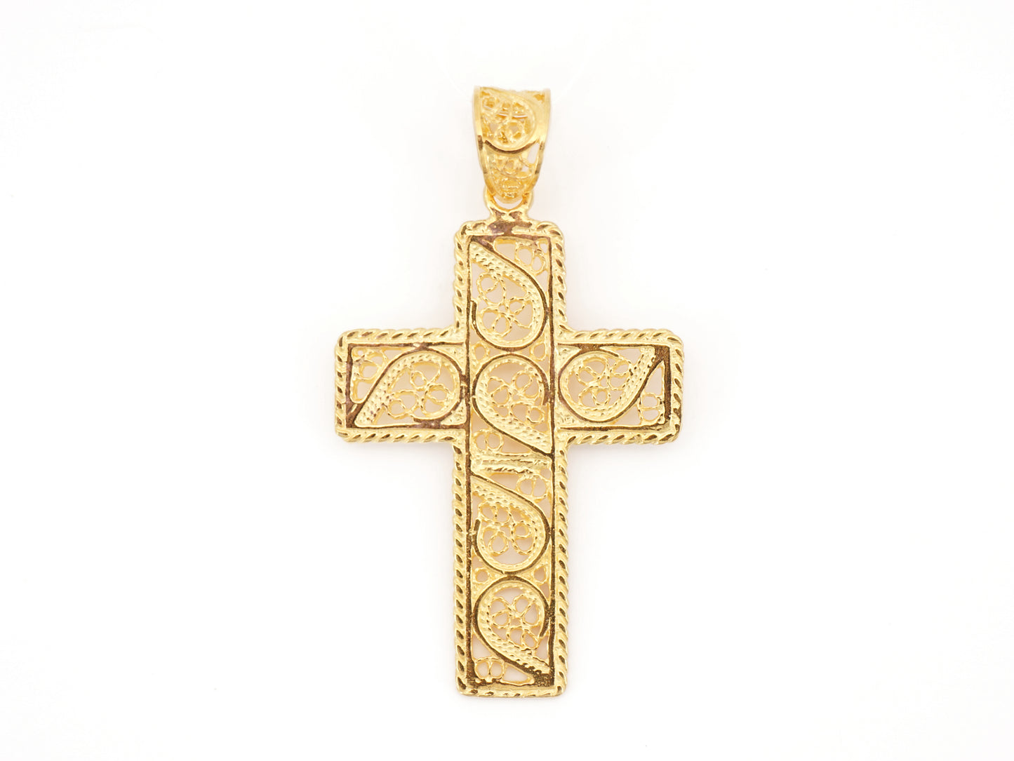 Medalha Cruz Rectangular, Filigrana Portuguesa, Prata de Lei 925 Dourada - Vista de Frente