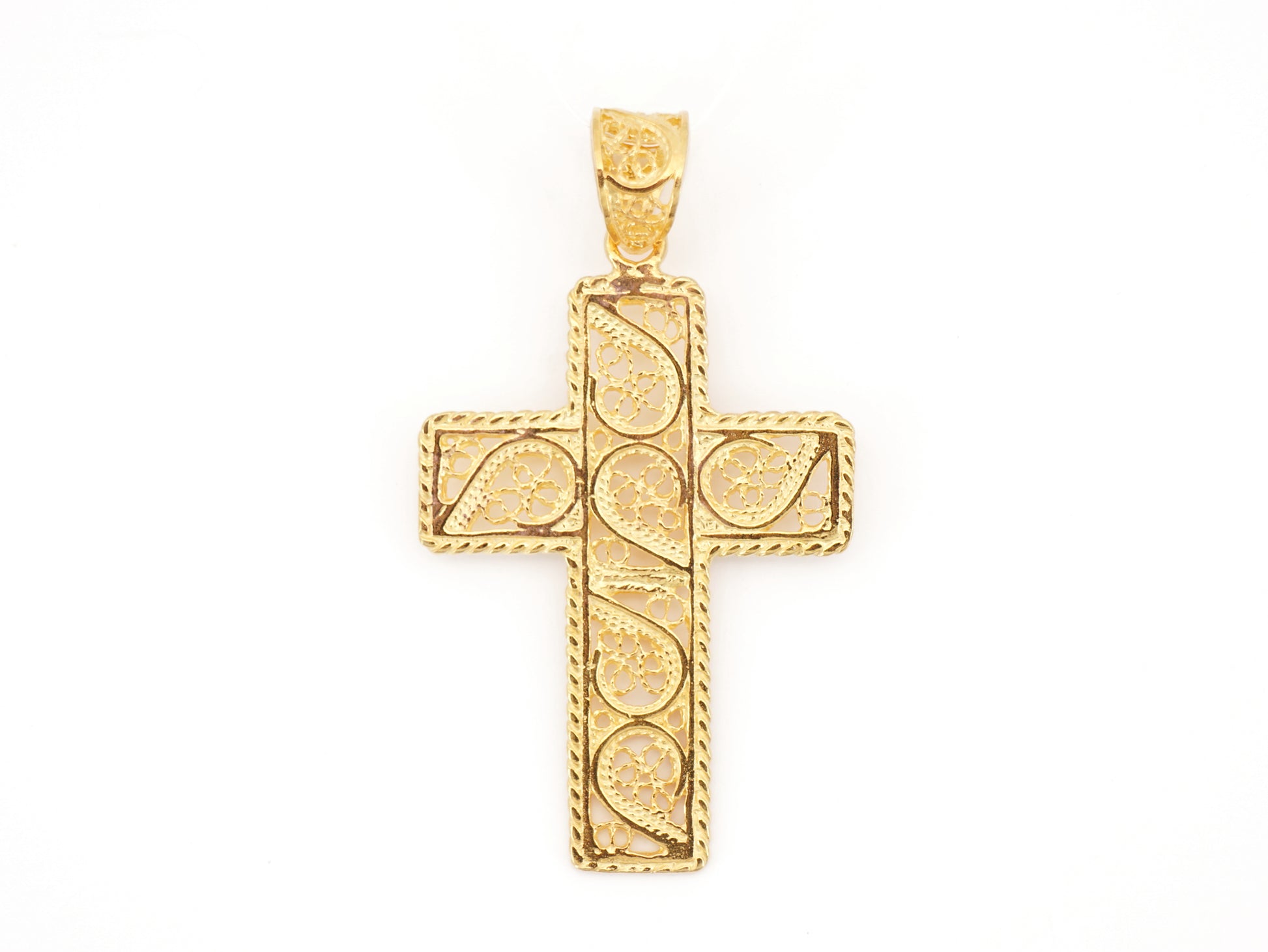 Medalha Cruz Rectangular, Filigrana Portuguesa, Prata de Lei 925 Dourada - Vista de Frente