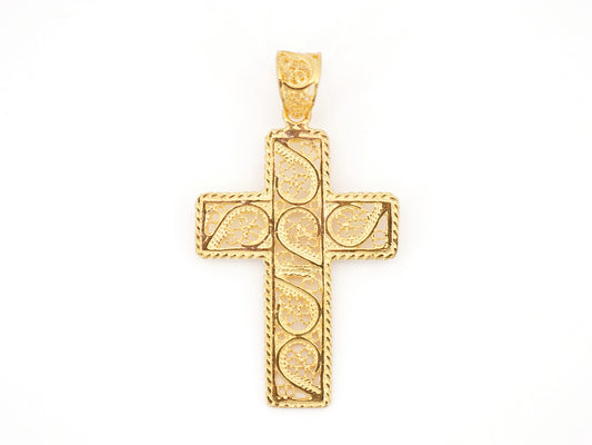 Medalha Cruz Rectangular, Filigrana Portuguesa, Prata de Lei 925 Dourada - Vista de Frente