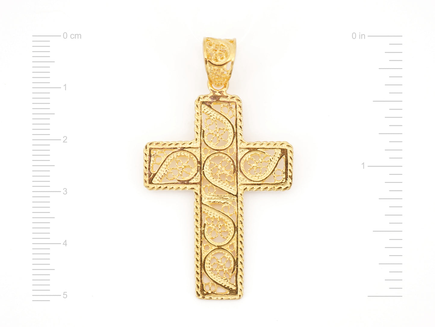 Colar Torcido Cruz Rectangular, Filigrana Portuguesa, Prata de Lei 925 Dourada - Medidas