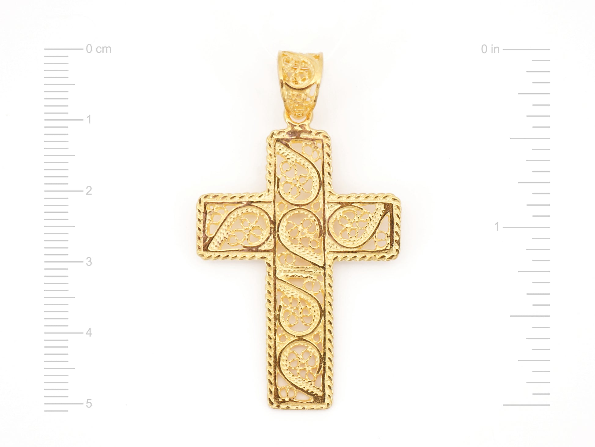 Colar Torcido Cruz Rectangular, Filigrana Portuguesa, Prata de Lei 925 Dourada - Medidas