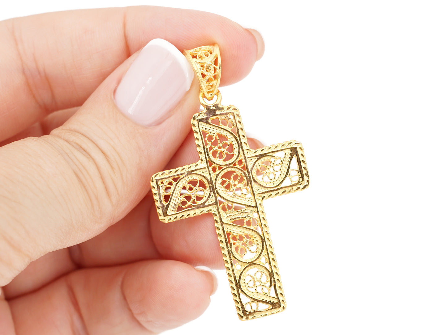 Medalha Cruz Rectangular, Filigrana Portuguesa, Prata de Lei 925 Dourada - Pormenor na Mão