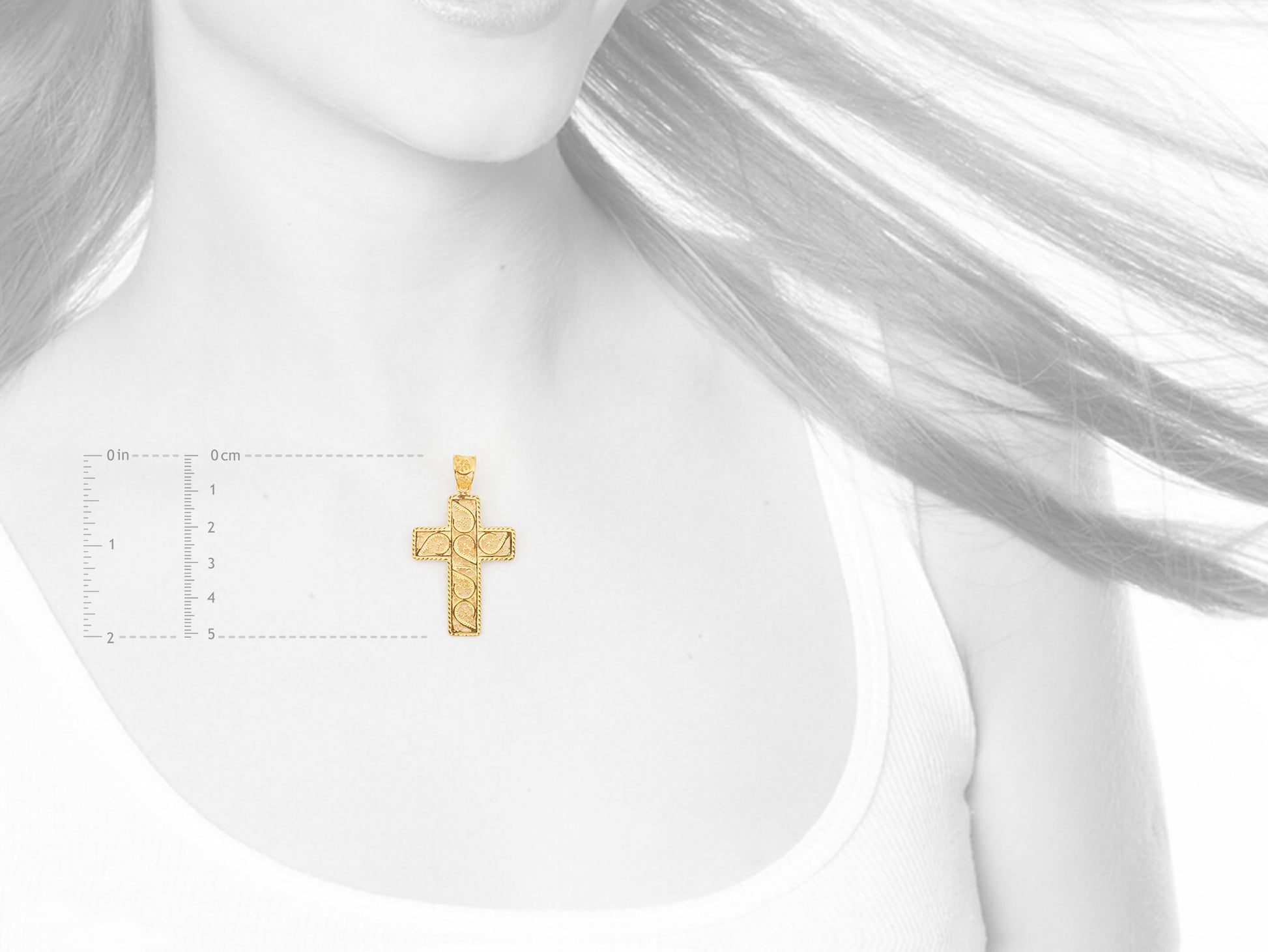 Medalha Cruz Rectangular, Filigrana Portuguesa, Prata de Lei 925 Dourada - Medidas e Proporção