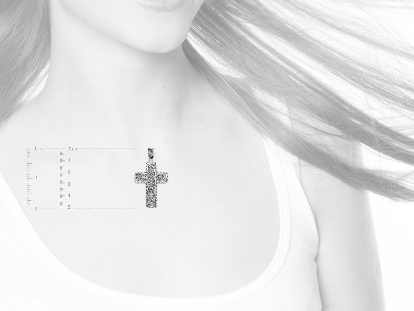 Medalha Cruz Rectangular, Filigrana Portuguesa, Prata de Lei 925 - Medidas e Proporção