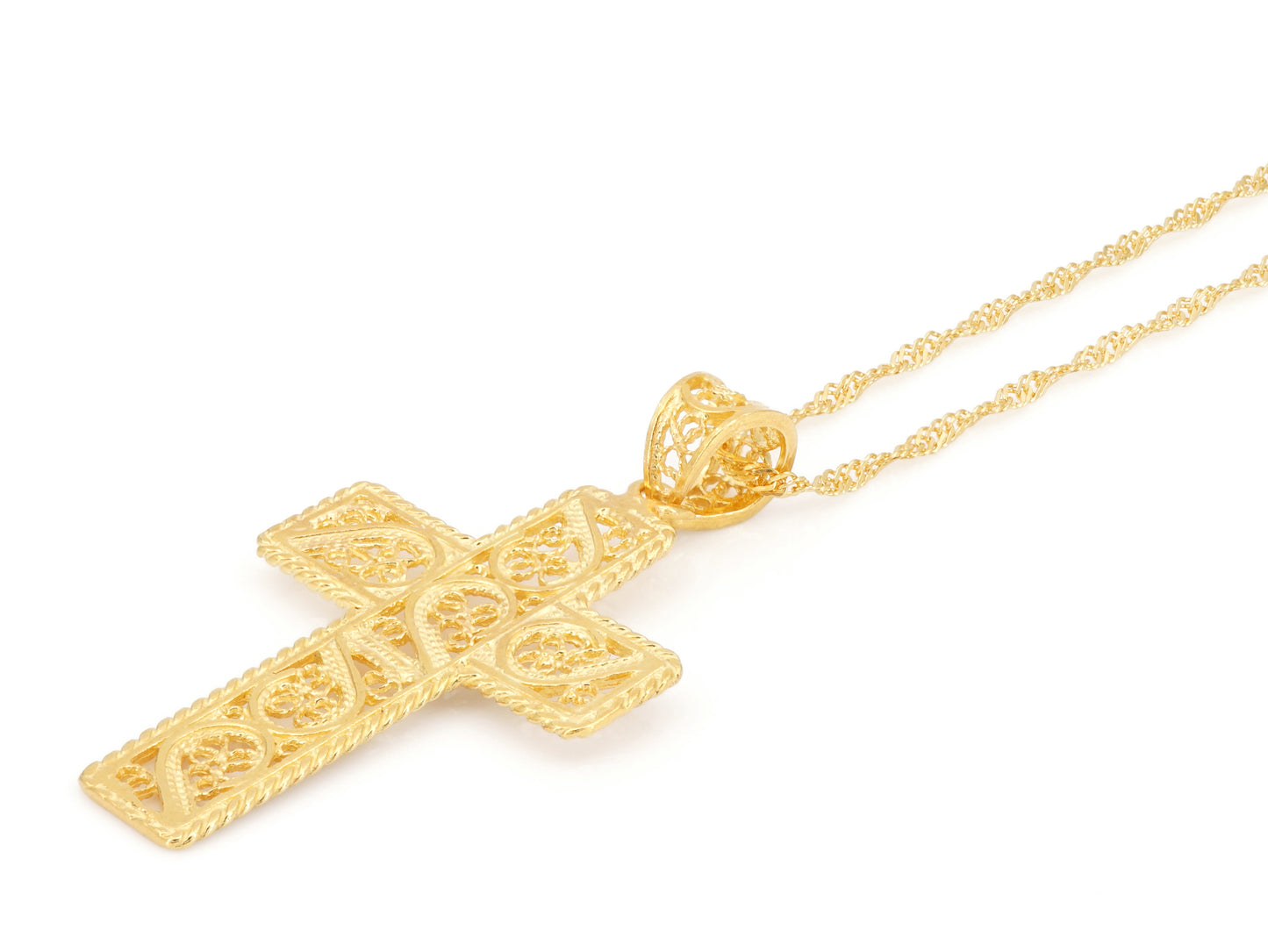 Colar Torcido Cruz Rectangular, Filigrana Portuguesa, Prata de Lei 925 Dourada - Perspectiva