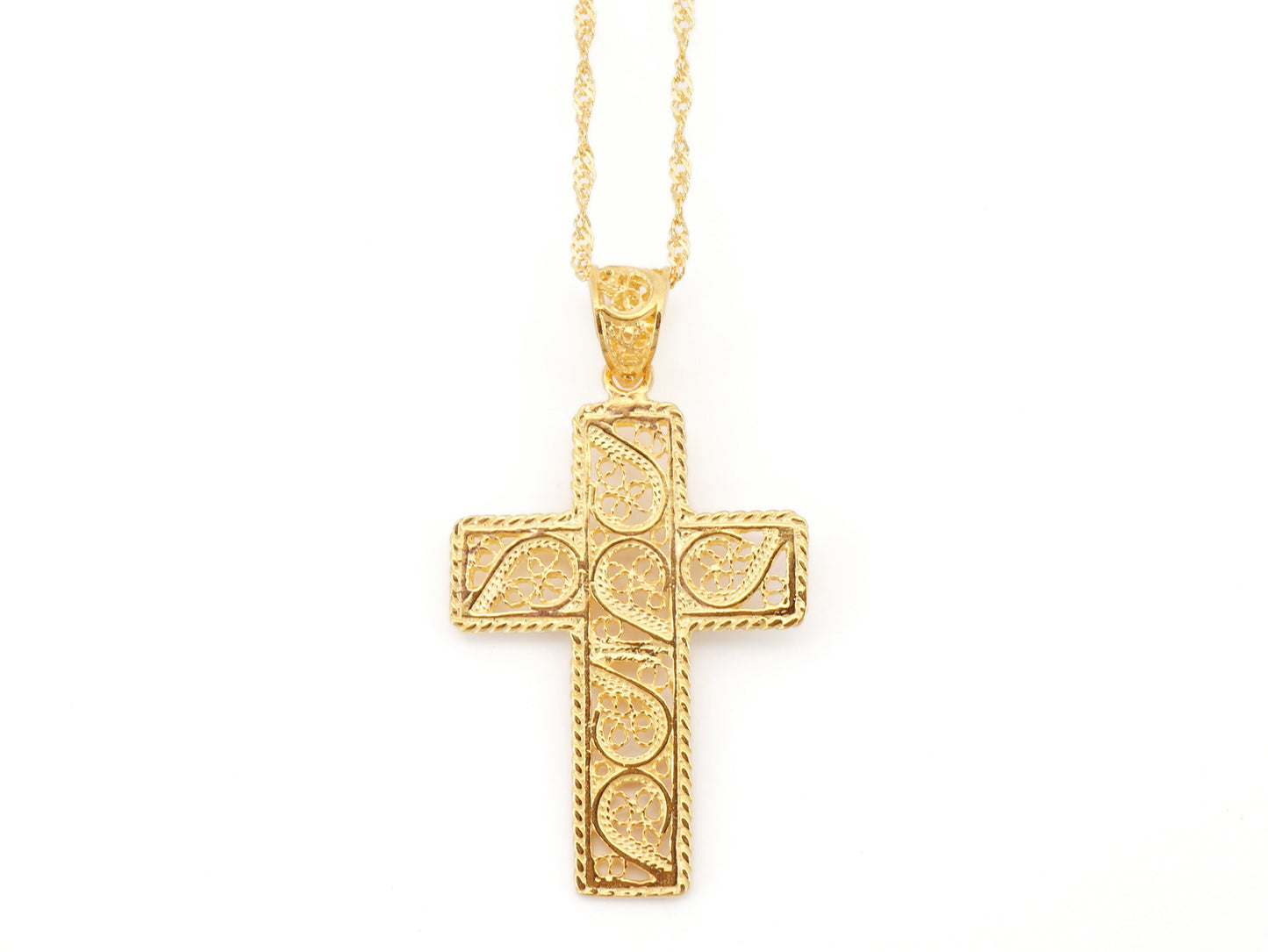 Colar Torcido Cruz Rectangular, Filigrana Portuguesa, Prata de Lei 925 Dourada - Vista de Frente
