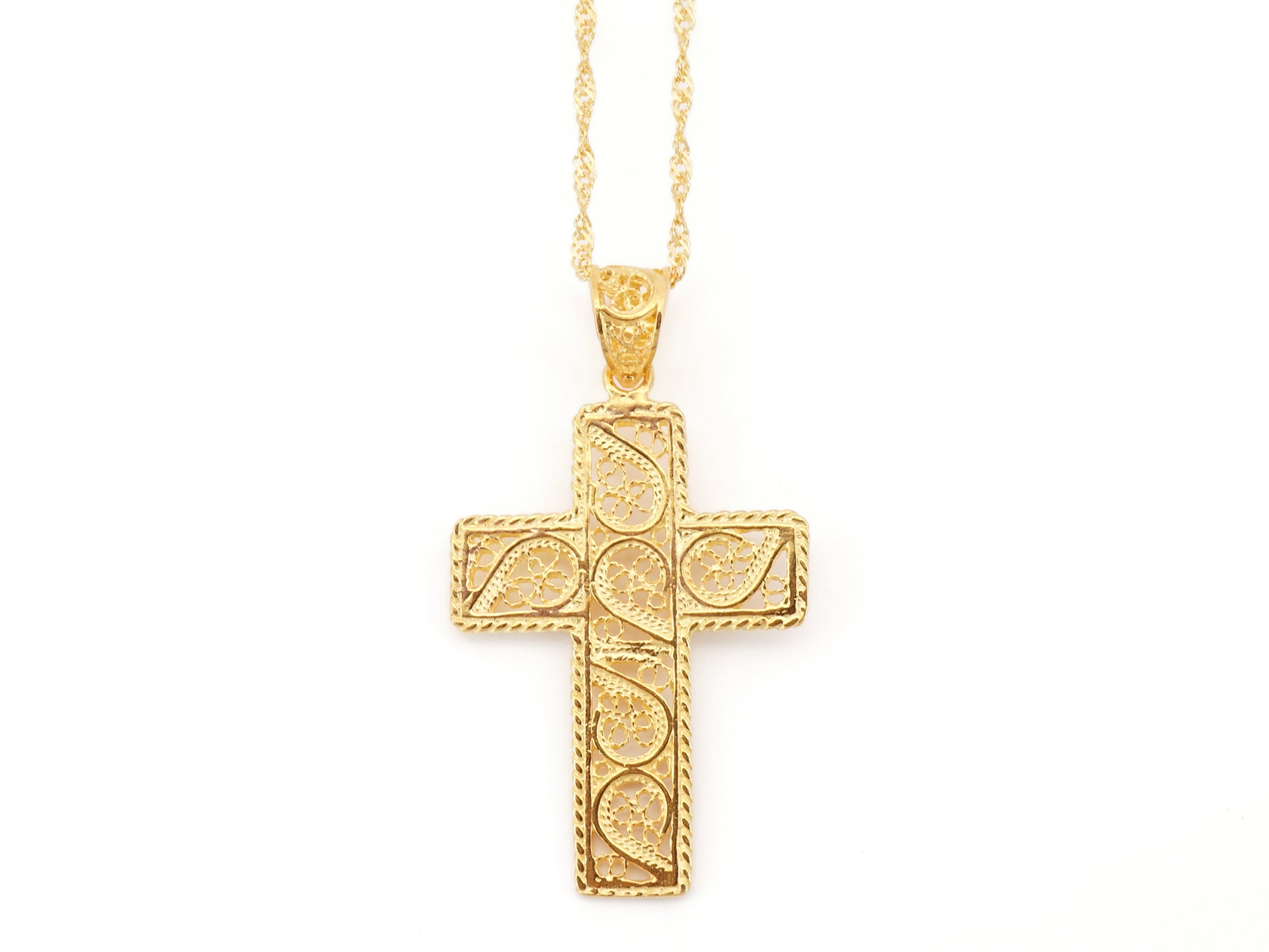 Colar Torcido Cruz Rectangular, Filigrana Portuguesa, Prata de Lei 925 Dourada - Vista de Frente