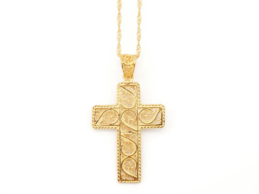 Colar Torcido Cruz Rectangular, Filigrana Portuguesa, Prata de Lei 925 Dourada - Vista de Frente