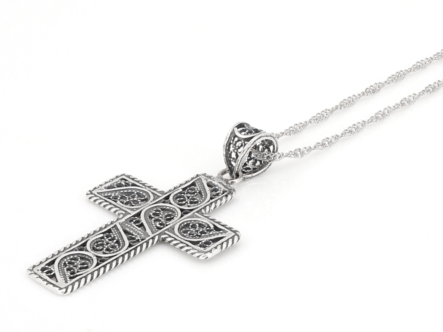 Colar Torcido Cruz Rectangular, Filigrana Portuguesa, Prata de Lei 925 - Perspectiva
