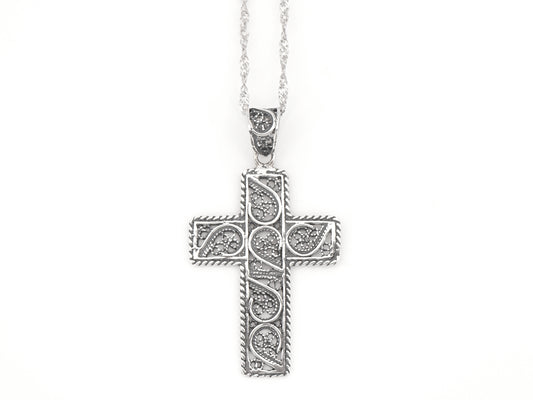 Colar Torcido Cruz Rectangular, Filigrana Portuguesa, Prata de Lei 925 - Vista de Frente