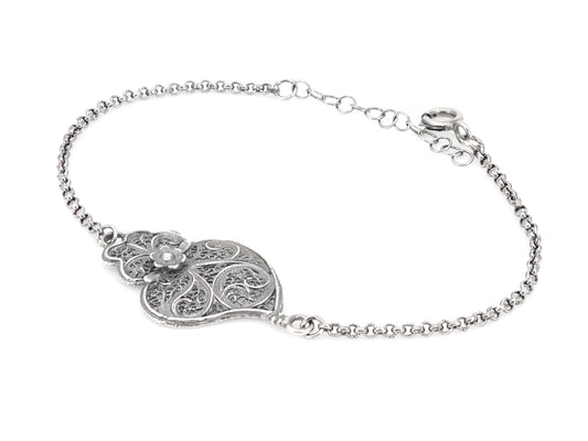 Pulseira com Coração de Viana, Filigrana Portuguesa, Prata de Lei 925