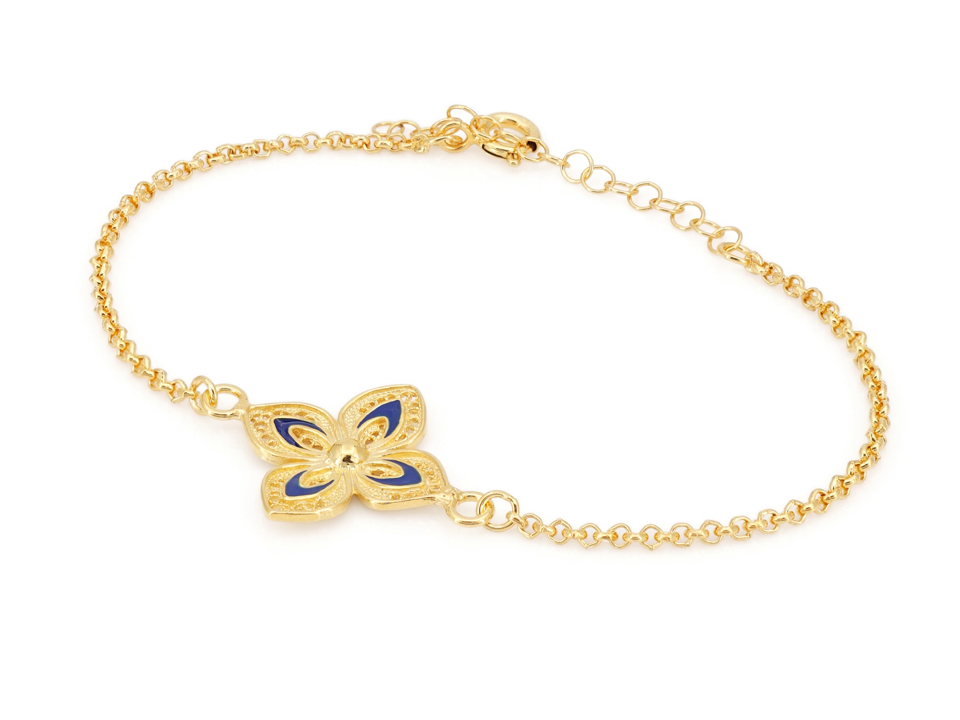 Pulseira Flor Clássica com Esmalte, Filigrana Portuguesa, Prata de Lei 925 Dourada