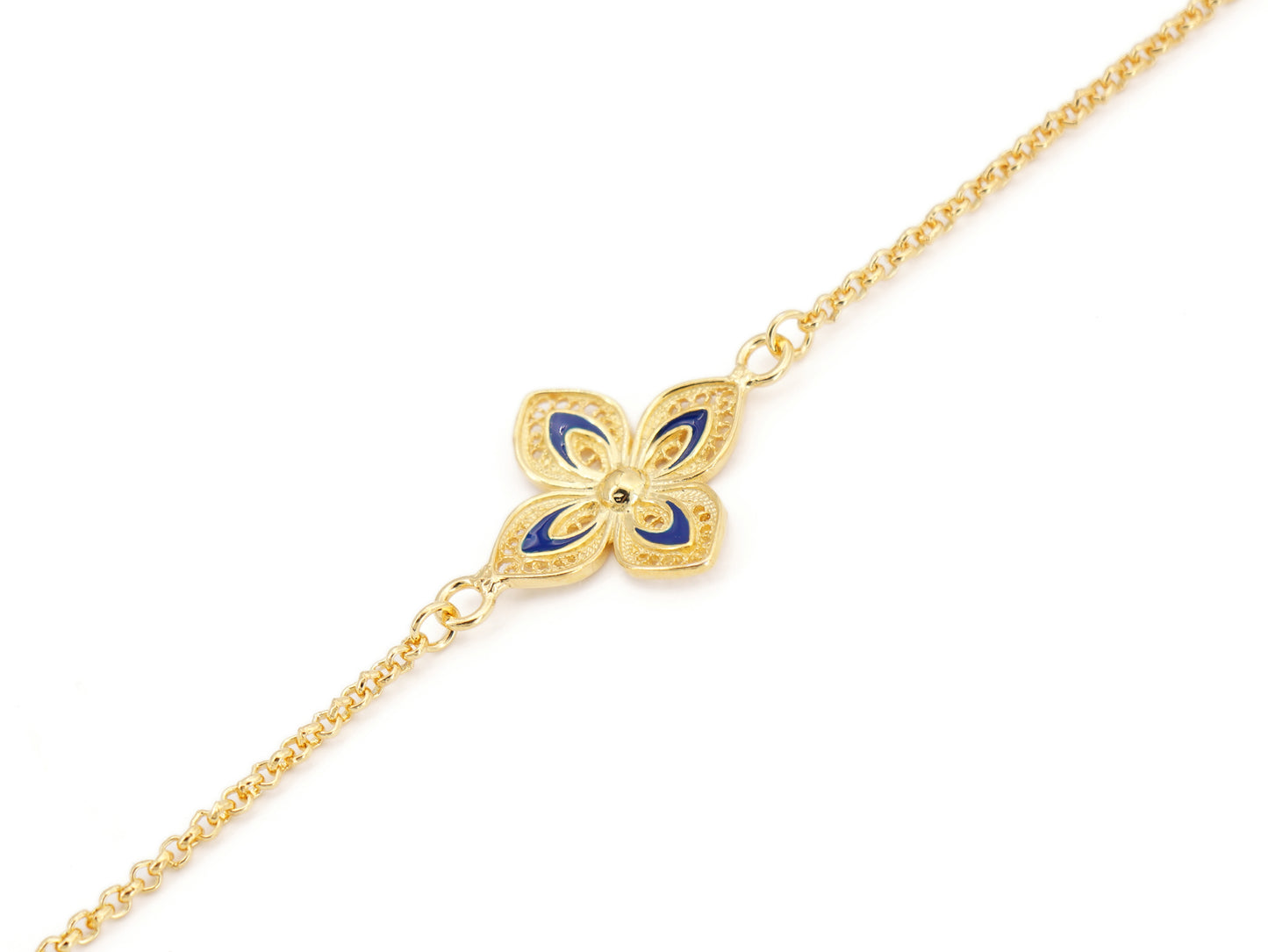 Pulseira Flor Clássica com Esmalte, Filigrana Portuguesa, Prata de Lei 925 Dourada - Perspectiva, Vista de Frente