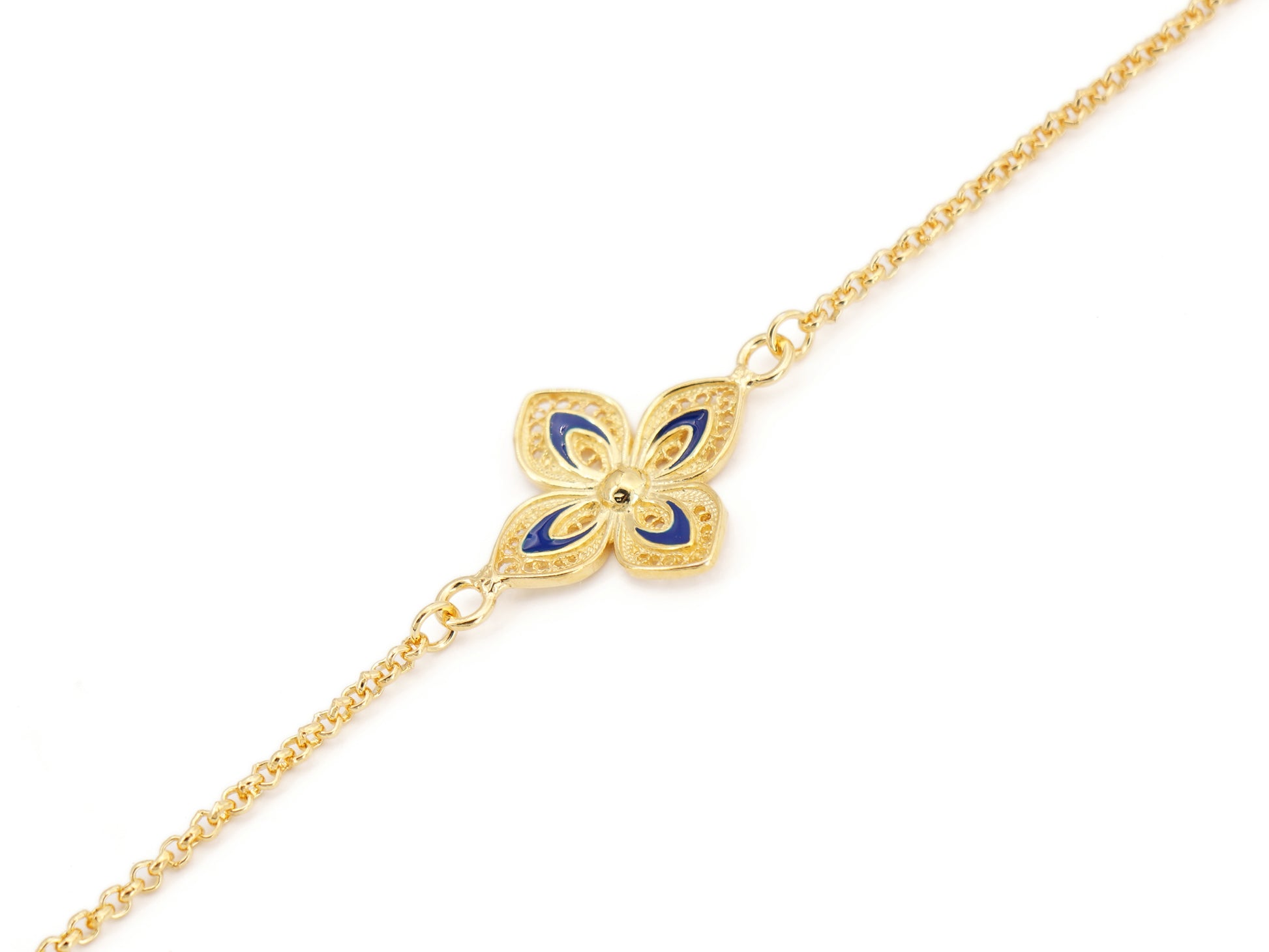 Pulseira Flor Clássica com Esmalte, Filigrana Portuguesa, Prata de Lei 925 Dourada - Perspectiva, Vista de Frente