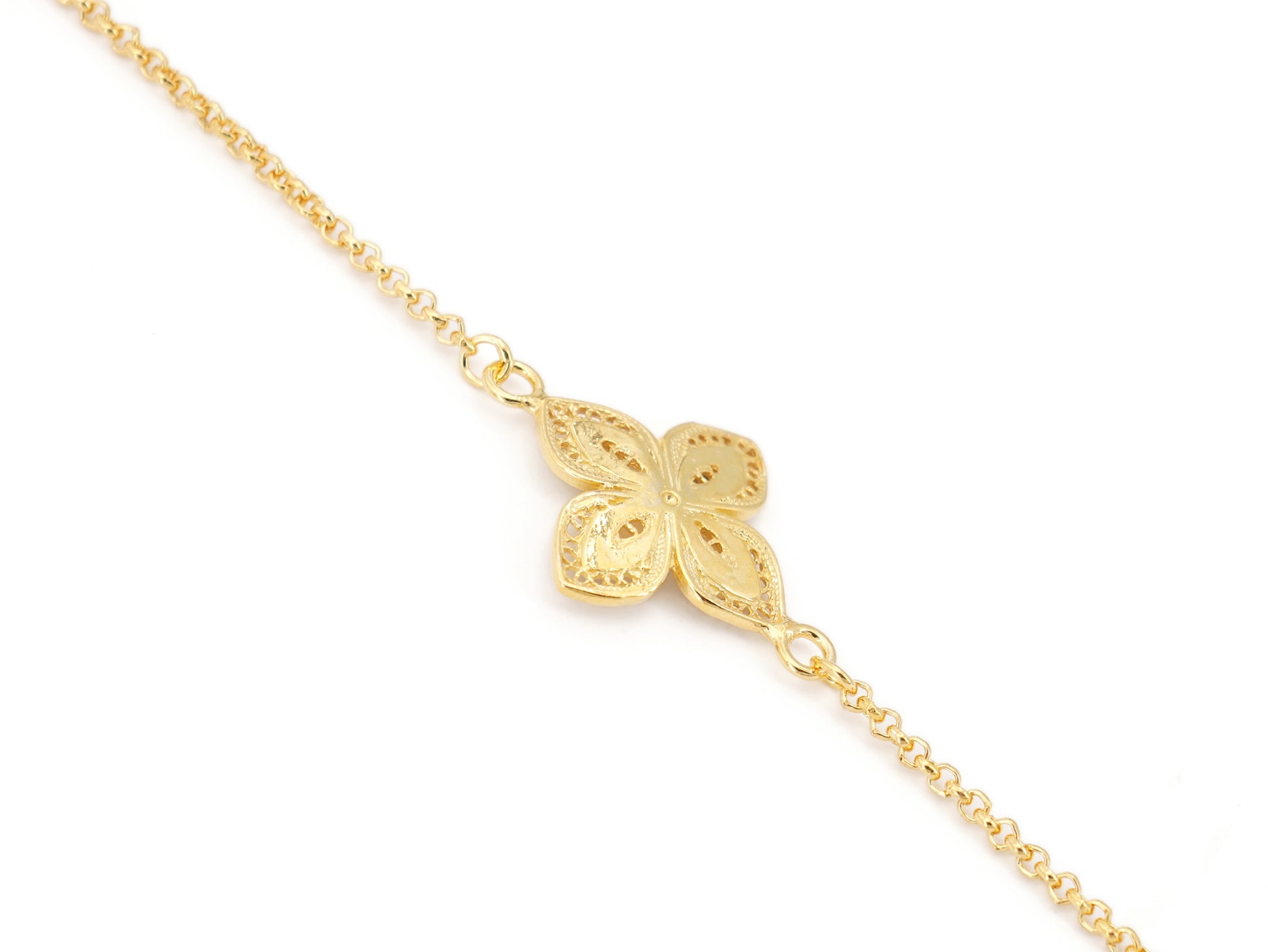 Pulseira Flor Clássica com Esmalte, Filigrana Portuguesa, Prata de Lei 925 Dourada - Perspectiva, Vista de Trás