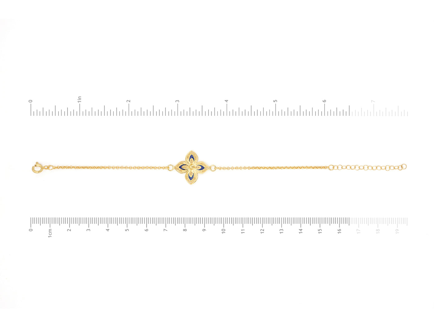 Pulseira Flor Clássica com Esmalte, Filigrana Portuguesa, Prata de Lei 925 Dourada - Medidas