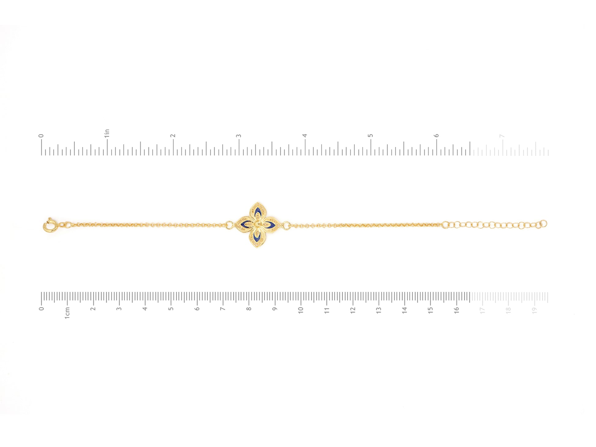 Pulseira Flor Clássica com Esmalte, Filigrana Portuguesa, Prata de Lei 925 Dourada - Medidas