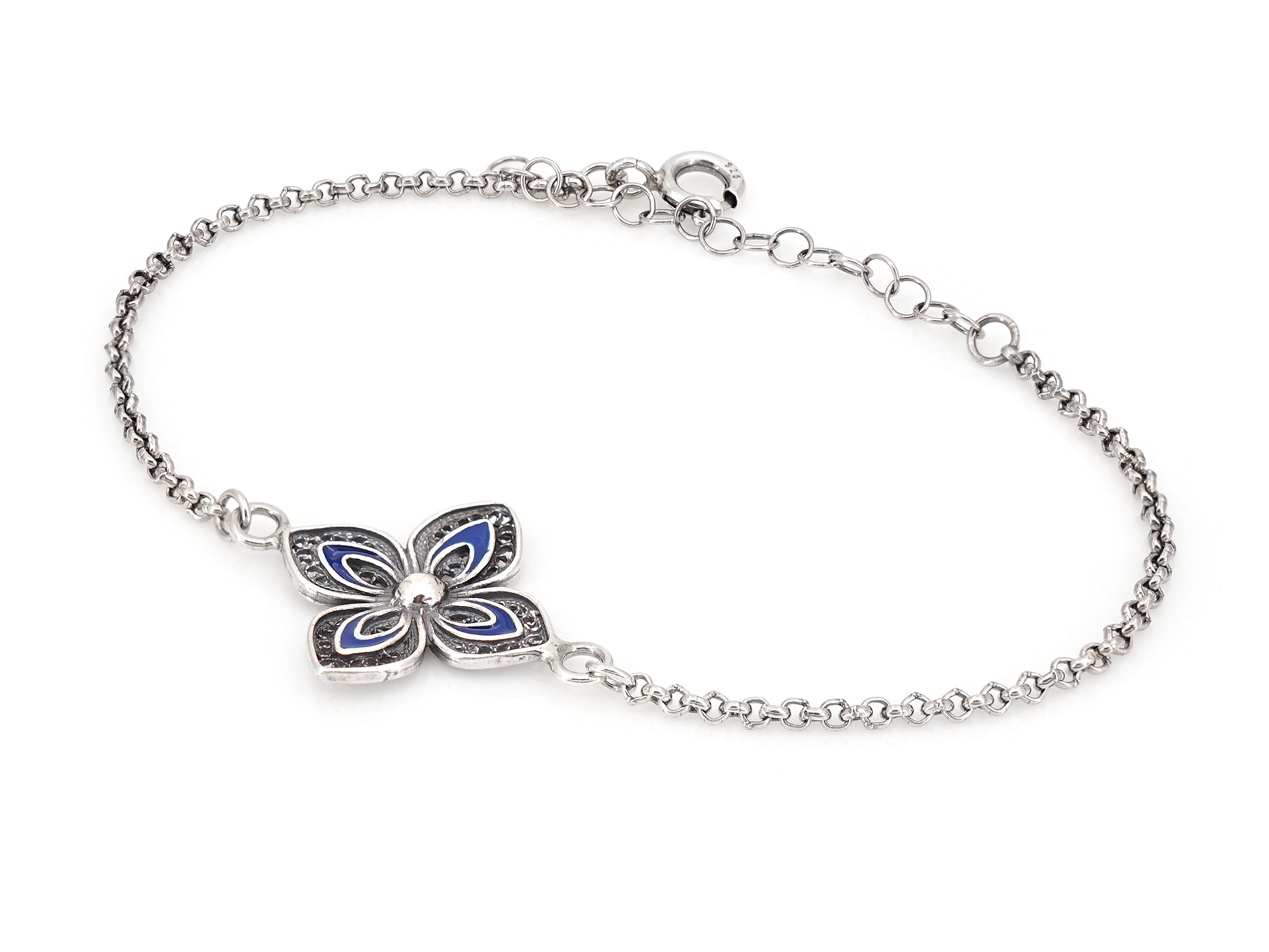 Pulseira Flor Clássica com Esmalte, Filigrana Portuguesa, Prata de Lei 925